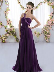 Glittering Purple Damas Dress Prom and Party with Beading One Shoulder Sleeveless Brush Train Lace Up