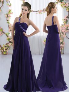 Glamorous Purple One Shoulder Neckline Beading Dama Dress for Quinceanera Sleeveless Lace Up