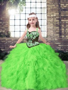 Sleeveless Lace Up Floor Length Embroidery and Ruffles Little Girls Pageant Dress