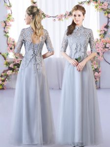 Grey Half Sleeves Lace Floor Length Dama Dress for Quinceanera