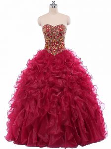 Wine Red Sweetheart Neckline Beading and Ruffles Vestidos de Quinceanera Sleeveless Lace Up