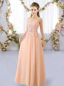 Great Peach Strapless Neckline Lace and Belt Quinceanera Dama Dress Sleeveless Lace Up