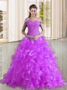 Super Organza Off The Shoulder Sleeveless Sweep Train Lace Up Beading and Lace and Ruffles Quince Ball Gowns in Purple