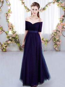 Luxurious Purple Vestidos de Damas Prom and Party and Wedding Party with Ruching Off The Shoulder Short Sleeves Lace Up