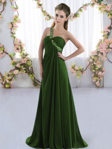Stylish One Shoulder Sleeveless Brush Train Lace Up Quinceanera Court of Honor Dress Olive Green Chiffon