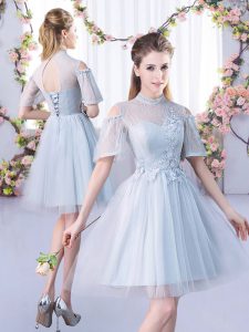 Designer Grey Quinceanera Dama Dress Prom and Party and Wedding Party with Lace High-neck Short Sleeves Lace Up