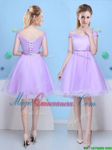Lavender V-neck Lace Up Bowknot Quinceanera Dama Dress Cap Sleeves