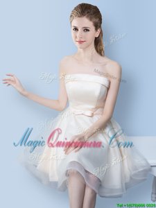 White Lace Up Dama Dress for Quinceanera Bowknot Sleeveless Knee Length