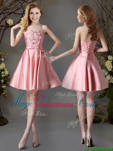 Pretty Pink Sleeveless Satin Lace Up Quinceanera Court of Honor Dress for Prom and Party and Wedding Party