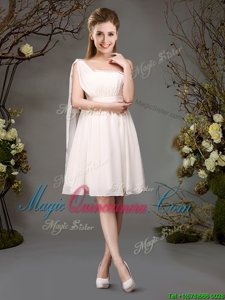 Champagne Empire One Shoulder Sleeveless Chiffon Mini Length Zipper Beading and Ruching Dama Dress for Quinceanera