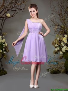 Wonderful One Shoulder Sleeveless Court Dresses for Sweet 16 Mini Length Beading and Ruching Lavender Chiffon