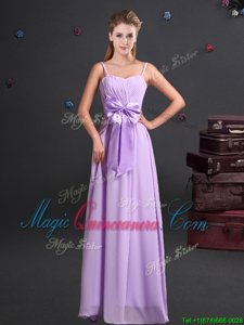 Deluxe Lavender Sleeveless Ruching and Bowknot Floor Length Damas Dress