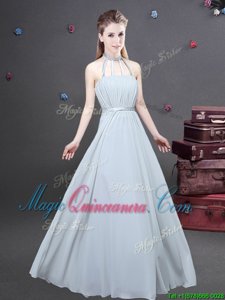 Modest Grey Zipper Halter Top Ruching Dama Dress for Quinceanera Chiffon Sleeveless