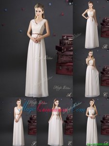 Chiffon Sleeveless Floor Length Vestidos de Damas and Lace and Appliques and Belt