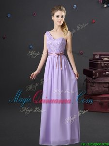 Beauteous Empire Court Dresses for Sweet 16 Lavender One Shoulder Chiffon Sleeveless Floor Length Lace Up