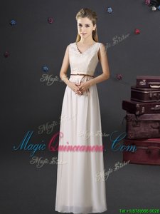 Chiffon V-neck Sleeveless Lace Up Lace and Belt Quinceanera Court of Honor Dress in White