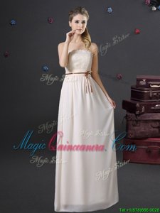 White Sleeveless Lace and Belt Floor Length Dama Dress