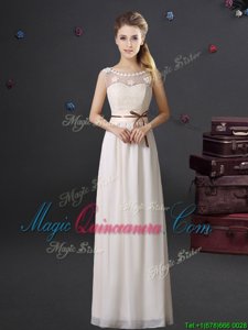 See Through White Chiffon Lace Up Scoop Sleeveless Floor Length Quinceanera Court of Honor Dress Lace and Appliques and Belt