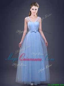 Custom Design Light Blue Tulle Lace Up V-neck Sleeveless Floor Length Dama Dress for Quinceanera Appliques and Ruching and Bowknot