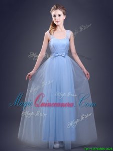 Straps Straps Ruching and Bowknot Damas Dress Light Blue Lace Up Sleeveless Floor Length