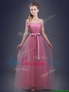 Lovely Off the Shoulder Floor Length Empire Sleeveless Pink Dama Dress for Quinceanera Lace Up