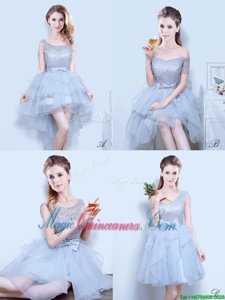 High End Scoop Grey Organza Lace Up Quinceanera Court Dresses Sleeveless Mini Length Lace and Ruffles and Ruffled Layers and Bowknot