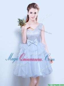 Stylish A-line Quinceanera Court of Honor Dress Grey One Shoulder Organza Sleeveless Mini Length Lace Up