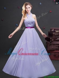 Lavender Empire Halter Top Sleeveless Chiffon Floor Length Zipper Belt Damas Dress