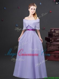 Amazing Off the Shoulder Floor Length Lavender Quinceanera Court Dresses Chiffon Half Sleeves Ruching and Belt