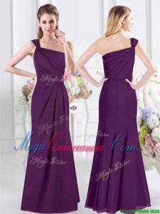 Perfect One Shoulder Purple Column/Sheath Ruching Court Dresses for Sweet 16 Side Zipper Chiffon Sleeveless Floor Length