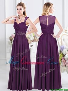 Fashion Straps Straps Purple Sleeveless Floor Length Ruching Zipper Quinceanera Dama Dress