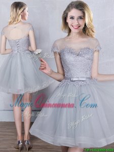 Classical Scoop Grey A-line Appliques and Belt Quinceanera Dama Dress Lace Up Tulle Short Sleeves Mini Length