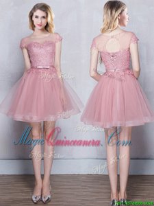 New Style Scoop Pink A-line Lace and Appliques and Belt Damas Dress Lace Up Tulle Short Sleeves Mini Length