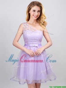 Excellent One Shoulder Sleeveless Lace Up Mini Length Lace and Appliques and Belt Dama Dress for Quinceanera