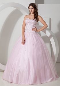 Floor-length Baby Pink Beaded Dress for Quince in Almolonga