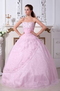 New Beaded Appliques Organza Quinceanera Gown Strapless Rose Pink