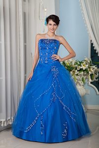 Graceful Blue Strapless Beading Vestidos De Quinceanera on Promotion