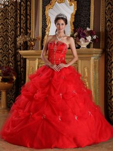 Custom Made Red Tulle Quinceanera Dresses Appliques with Pick-ups