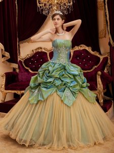 Newest Taffeta and Tulle Sweet 16 Dresses with Ruches and Appliques