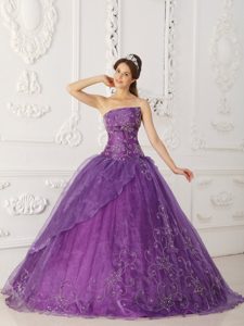 Juneau Purple Strapless Sweet 16 Dress Embroidery Satin and Organza