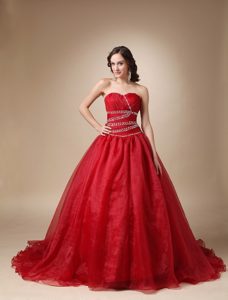 Beaded and Ruched Red Organza Quinces Dresses with Brush Train