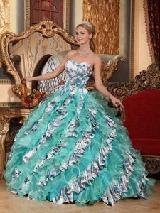 Printed Multi-color Sweetheart Quinceanera Dress with Ruffles