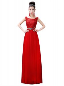 Red Empire Beading and Lace Homecoming Dress Zipper Chiffon Sleeveless Floor Length