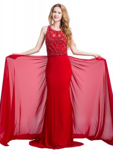 Scoop Red Silk Like Satin Zipper Prom Gown Sleeveless With Train Court Train Beading