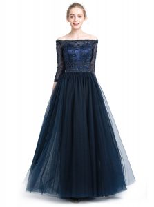 Inexpensive Navy Blue Off The Shoulder Neckline Beading and Appliques Mother Of The Bride Dress 3 4 Length Sleeve Zipper