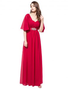 Excellent Coral Red Satin Zipper Mother Of The Bride Dress Half Sleeves Floor Length Beading