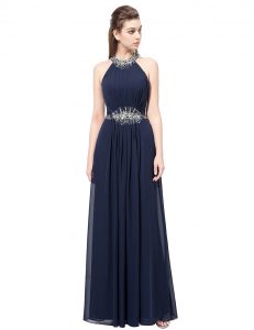 Scoop Sleeveless Chiffon Floor Length Side Zipper Prom Dress in Navy Blue with Beading