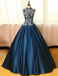 Navy Blue Satin Backless Mother Of The Bride Dress Sleeveless Floor Length Appliques
