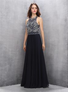 Halter Top Black A-line Beading Prom Gown Backless Chiffon Sleeveless Floor Length