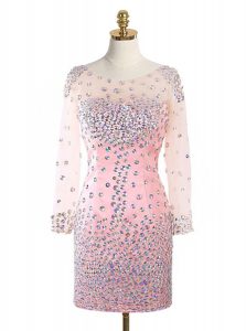 Latest Scoop Mini Length Pink Evening Dress Elastic Woven Satin Long Sleeves Beading